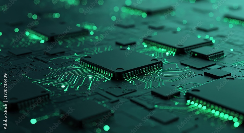 Poster electronic circuit: a close-up, macro view showcases the intricate detail of a computer circuit boar