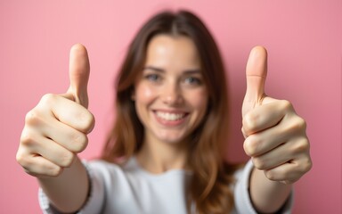 Woman holding two thumbs up into the air. High quality