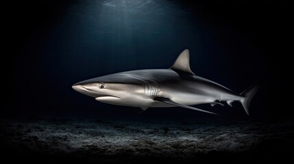 Obraz premium Majestic Shark Gliding Through Deep Ocean Waters with Dramatic Lighting and Shadow Play