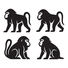 A diverse set of black vector silhouettes of wild animals and domestic pets like monkey, dogs, elephants, and bears