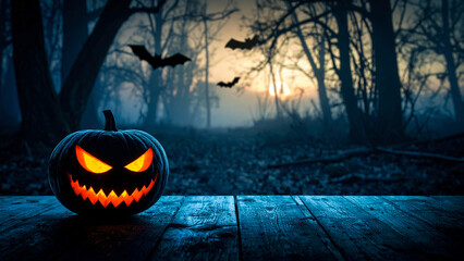 Halloween pumpkin on wooden planks in misty forest with flying bats