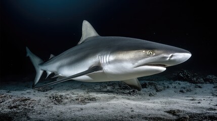 Naklejka premium Majestic Shark Swimming Gracefully in Clear Ocean Waters with Soft Sunlight Filtering Through the Surface