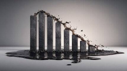 Abstract representation of declining financial growth with metal bars and dark liquid on smooth surface