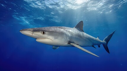 Fototapeta premium Majestic ocean predator swimming gracefully in clear blue waters against shimmering light rays from the sun above