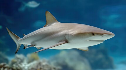 Obraz premium Exquisite Underwater View of a Captivating Shark Swimming Gracefully in Vibrant Coral Reef Ecosystem