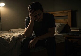 Fototapeta premium Despair's Embrace: A man sits on a bed in a dimly lit bedroom, his head in his hands, embodying a state of deep emotional distress and vulnerability.