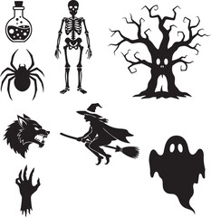 Halloween Icons: A collection of classic Halloween icons in silhouettes. Including items of witch, wolf, spider, hand, ghost and skull. Perfect for adding a touch of spooky fun to your designs.
