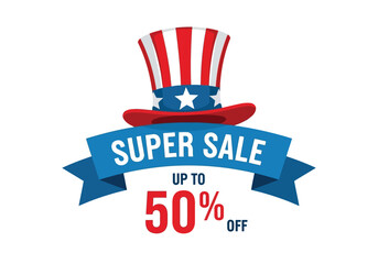 Vector illustration of super sale up to 50 off with uncle sam hat and ribbon