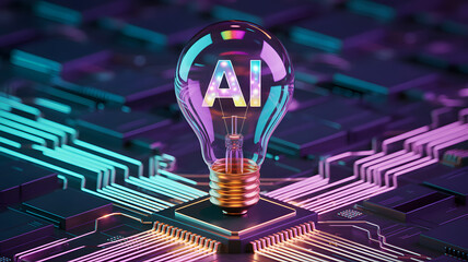 A light bulb with ai inside resting on a computer chip with a teal and purple background design