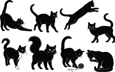 Black cat silhouette set, playful poses, leaping, stretching, walking, yarn interaction, vector, isolated feline behavior and posture bundle