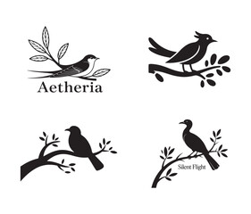Perched Bird Silhouettes on Tree Branches Vector Set