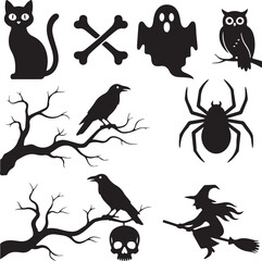 Fototapeta premium Halloween Silhouettes: A collection of whimsical and spooky Halloween silhouettes in an assortment of shapes and icons designed to invoke the fun of All Hallows' Eve.
