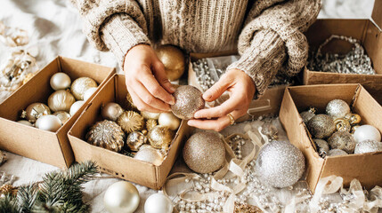 Cozy adult hands in chunky knit sweater sorting gold and silver glitter baubles from cardboard boxes on rustic table with ribbons, pearls and fir sprigs in foreground. warm festive preparation concept