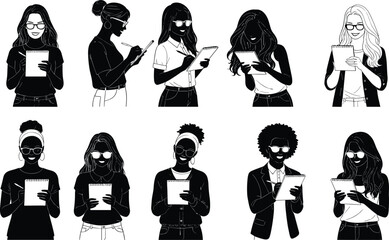 Notepad activity silhouette set, black and white, writing, reading, diverse attire, accessories, vector documentation posture illustration bundle