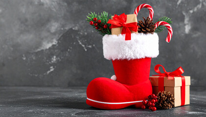 Festive Cheer: A beautifully adorned red boot overflowing with seasonal delights. Including Christmas cheer and gifts, captures the spirit of the holidays, promising festive happiness 