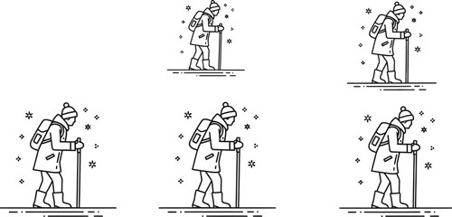 Collection of women hiking in winter with walking sticks and backpacks