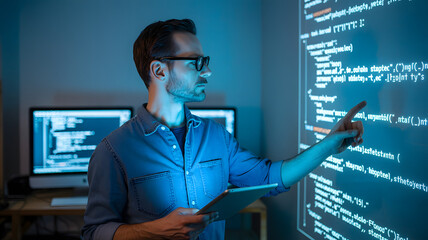 Man in blue shirt pointing at code on a large screen holding a tablet in a dimly lit room