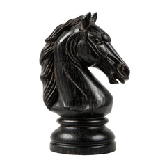 Detailed black chess knight.  Dark, rich wood carving of a chess knight's head and base.  Precisely sculpted, showing horse's head profile