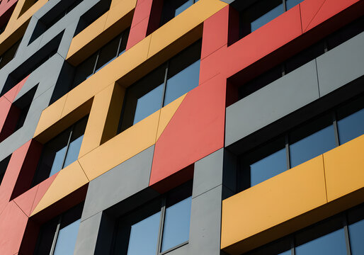 Modern building facade with geometric design featuring colorful panels and reflective windows under a bright sky.
