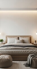 A sophisticated bedroom interior displays a calm and serene atmosphere with neutral tones and comfortable furnishings.