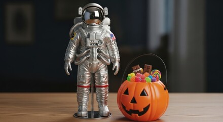 A toy astronaut stands next to a halloween pumpkin bucket filled with candy on a wooden surface