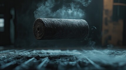 Roll of material floats in smoky workshop