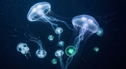 A collection of bioluminescent jellyfish, glowing softly in the deep ocean depths, showcasing their delicate forms and ethereal beauty.