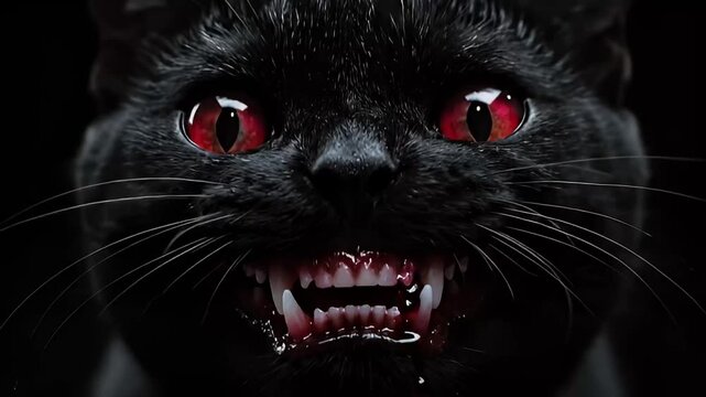 scary black cat with red eyes and fangs