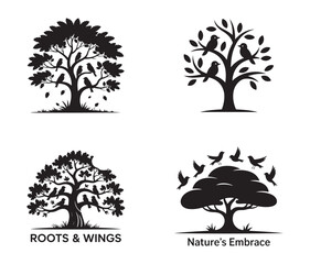 Silhouette Trees with Birds Collection. Vector illustration eps 10
