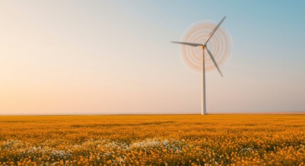 Wind turbine spinning in a field of yellow flowers during a sunny day and blue sky