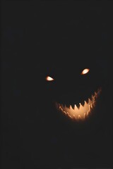 Fototapeta premium Spooky jack o lantern with glowing eyes and jagged teeth in dark night