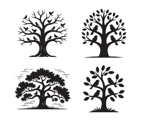 Silhouette Trees with Birds Collection. Vector illustration eps 10