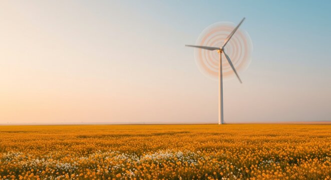 Wind turbine spinning in a field of yellow flowers during a sunny day and blue sky