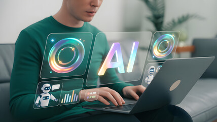 Man using laptop with ai interface showing robot and graphs in a modern digital environment setup