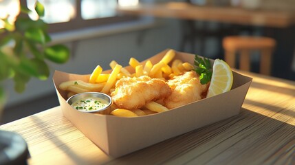 Traditional British fish and chips served in a paper tray, with crispy thick-cut chips, battered cod, lemon wedge and tartar sauce.