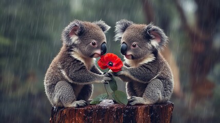 Two baby koalas sit perched on a eucalyptus stump, holding a vivid red poppy while rain streaks softly around them.