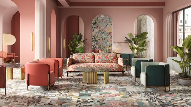 Eclectic lounge with abstract floor tiles soft pink walls and bold furniture