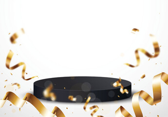 Black podium with blurred golden confetti