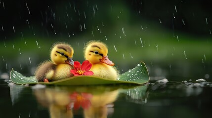 Two fluffy ducklings floating on a pond leaf holding a red flower, rain gently hitting the waterâ€™s surface, HDR cinematic framing. 