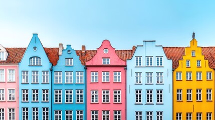Charming pastel townhouses coastal city architectural photography bright atmosphere eye-level view urban beauty