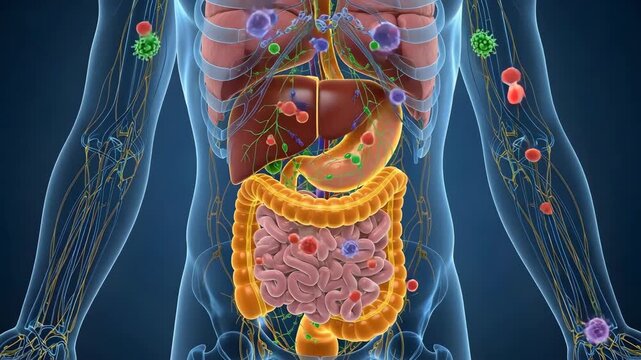 Anatomical Model Illustrating Human Digestive System and Lymphatic Flow