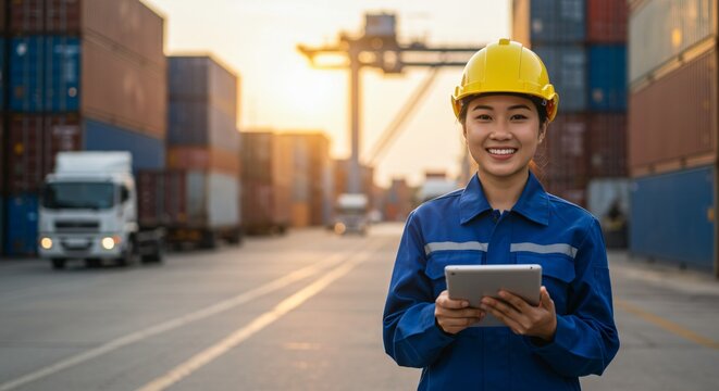 Young Asian woman smiling while holding tablet in container yard   - Powered by Adobe
