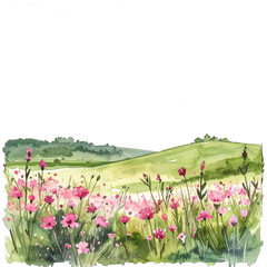 Obraz premium Watercolor Meadow Isolated On White Background: A serene watercolor painting depicts a vibrant meadow filled with blossoming wildflowers, rolling hills, and a sense of tranquility. 