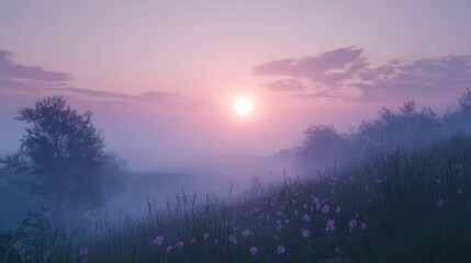Misty Sunrise Meadow: Serene Landscape Painting