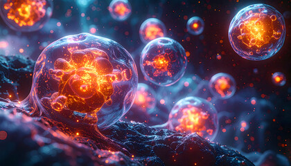 Fototapeta premium Artistic rendering of glowing cells, showcasing intricate internal structures and vibrant energy.