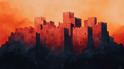 Fototapeta premium Ancient fortress in fiery sunset watercolor painting dreamlike environment artistic vision