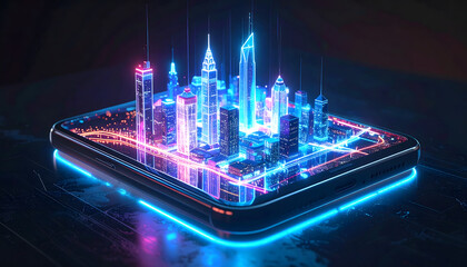 A futuristic holographic cityscape emerges from a smartphone, showcasing advanced technology and urban development.