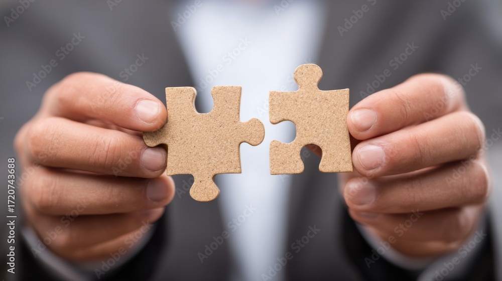 Poster two hands hold matching puzzle pieces symbolizing collaboration and problem-solving in a professiona
