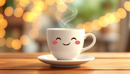 Obraz premium Cute white coffee cup with a smiling cartoon face, sitting on a matching saucer, steam rising playfully from the cup, placed on a wooden table
