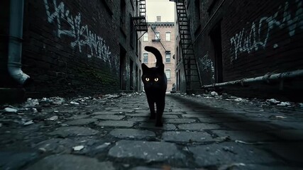 black cat walking down dark urban alleyway - Powered by Adobe